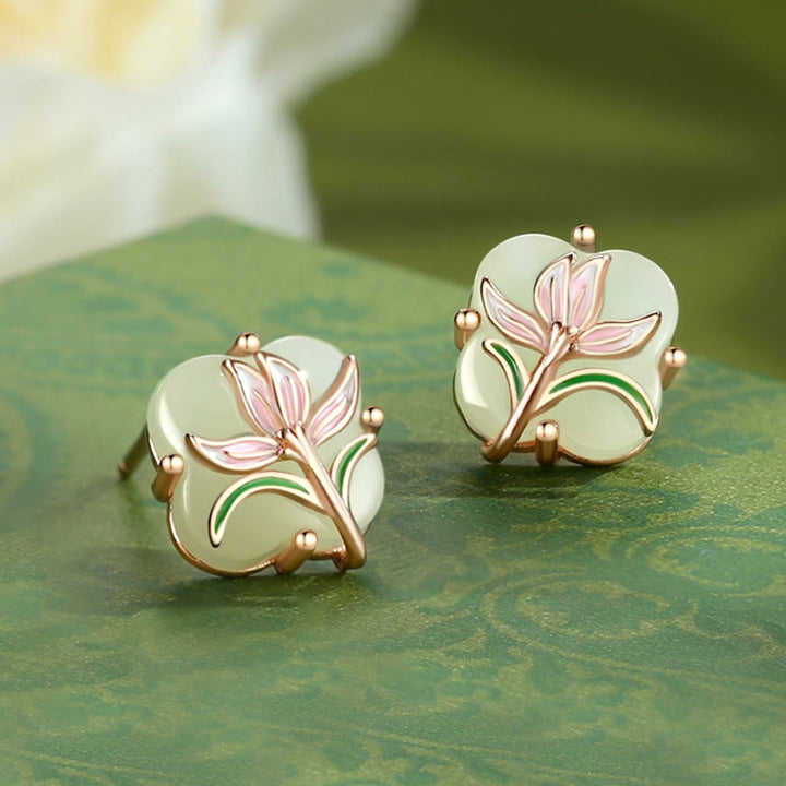 Buddha Stones 925スターリングシルバー マグノリアバタフライ 和田翡翠 四つ葉のクローバー 祝福 イヤリング ネックレス ペンダント - 和田翡翠のイヤリング - 925スターリングシルバーメッキローズゴールド - image 10