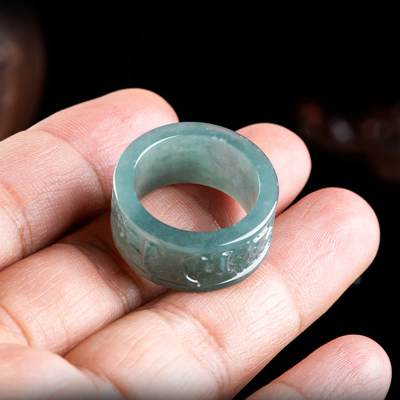 Buddha Stones天然翡翠オーム・マニ・パドメ・フム彫刻繁栄リング