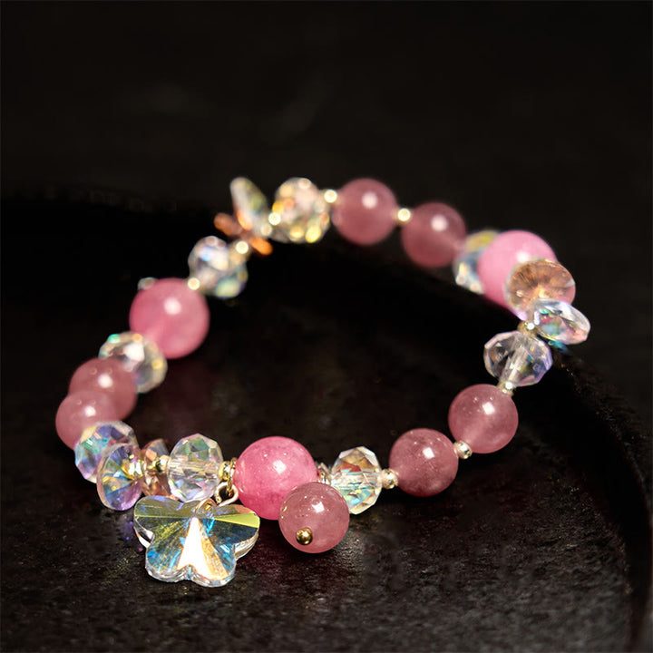 Buddha Stonesストロベリークォーツ ホワイトクリスタル ピンククリスタル バタフライラブブレスレット