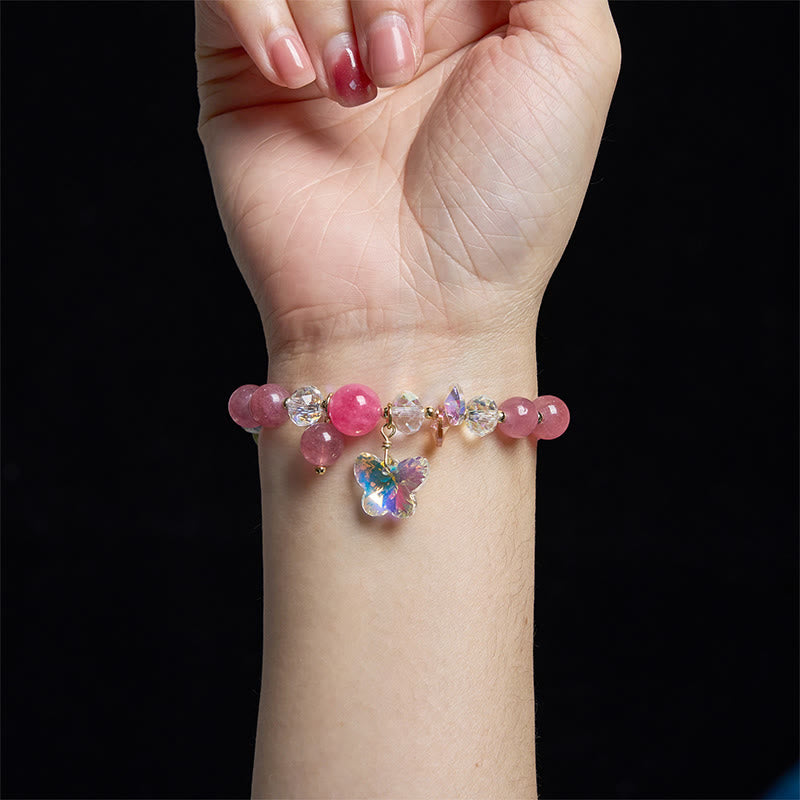 Buddha Stonesストロベリークォーツ ホワイトクリスタル ピンククリスタル バタフライラブブレスレット - image 4