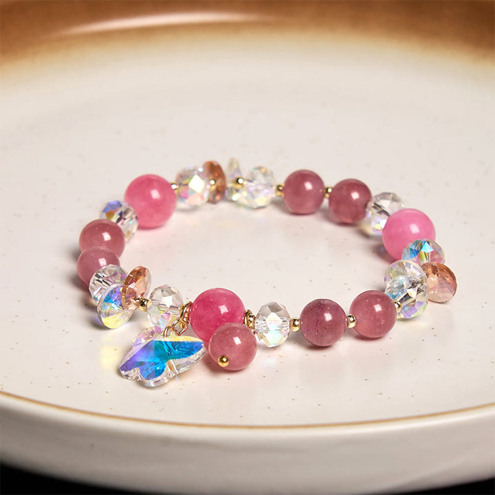 Buddha Stonesストロベリークォーツ ホワイトクリスタル ピンククリスタル バタフライラブブレスレット