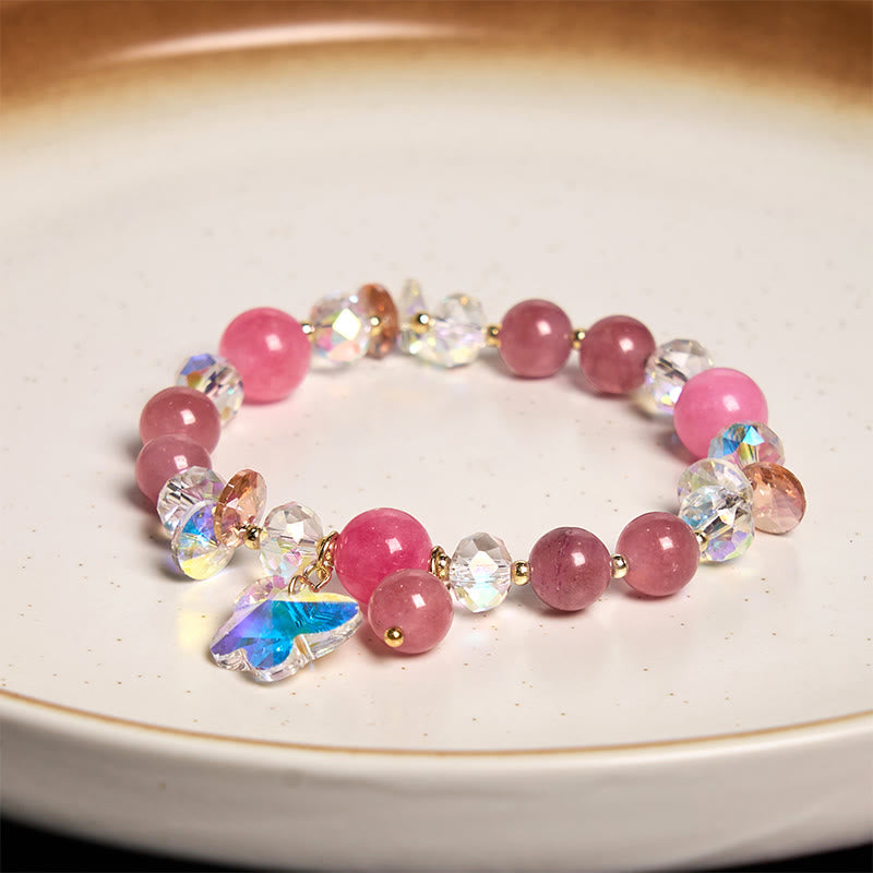 Buddha Stonesストロベリークォーツ ホワイトクリスタル ピンククリスタル バタフライラブブレスレット