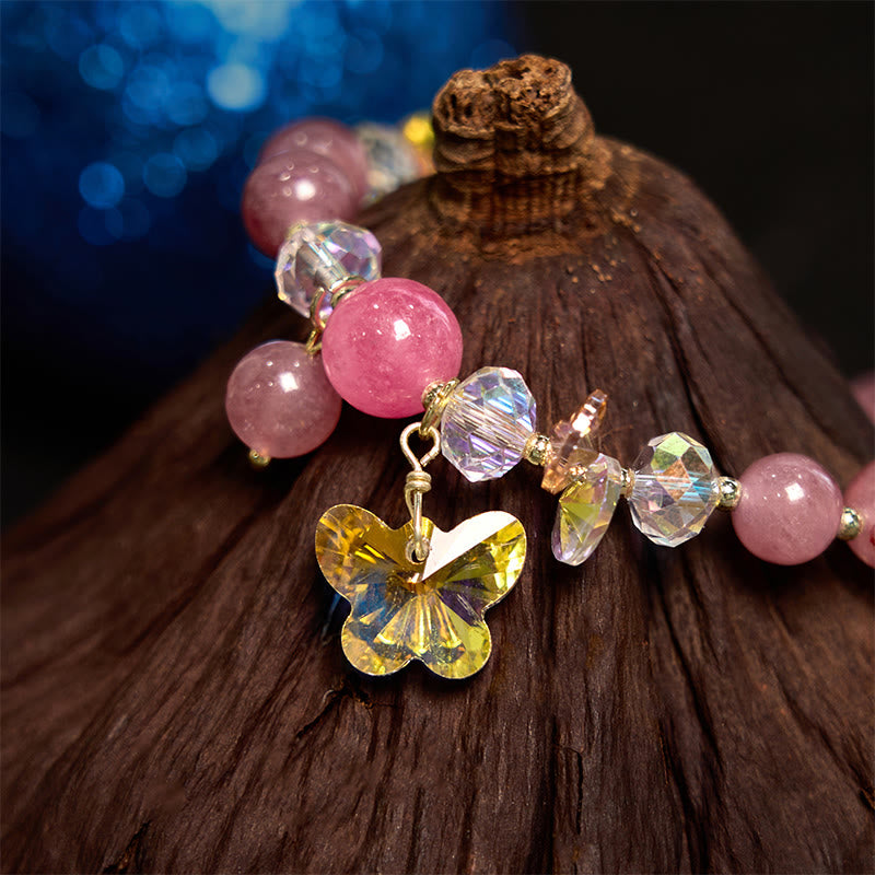 Buddha Stonesストロベリークォーツ ホワイトクリスタル ピンククリスタル バタフライラブブレスレット
