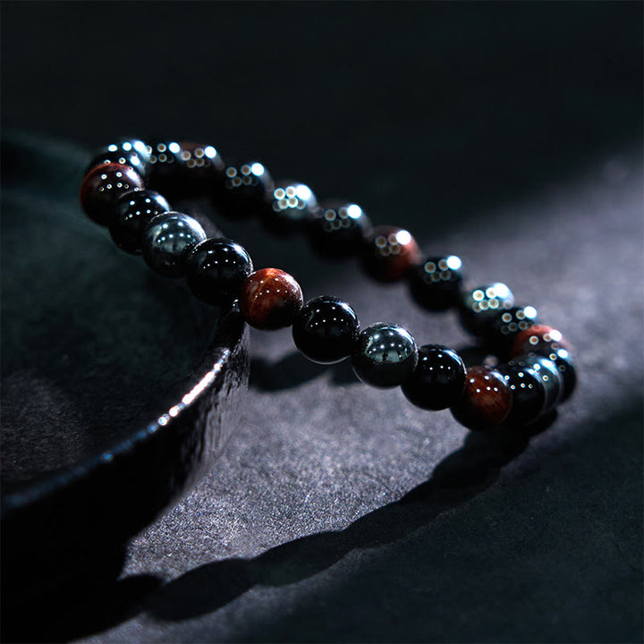 Buddha Stones天然タイガーアイオブシディアンヘマタイトポジティブパワフルブレスレット