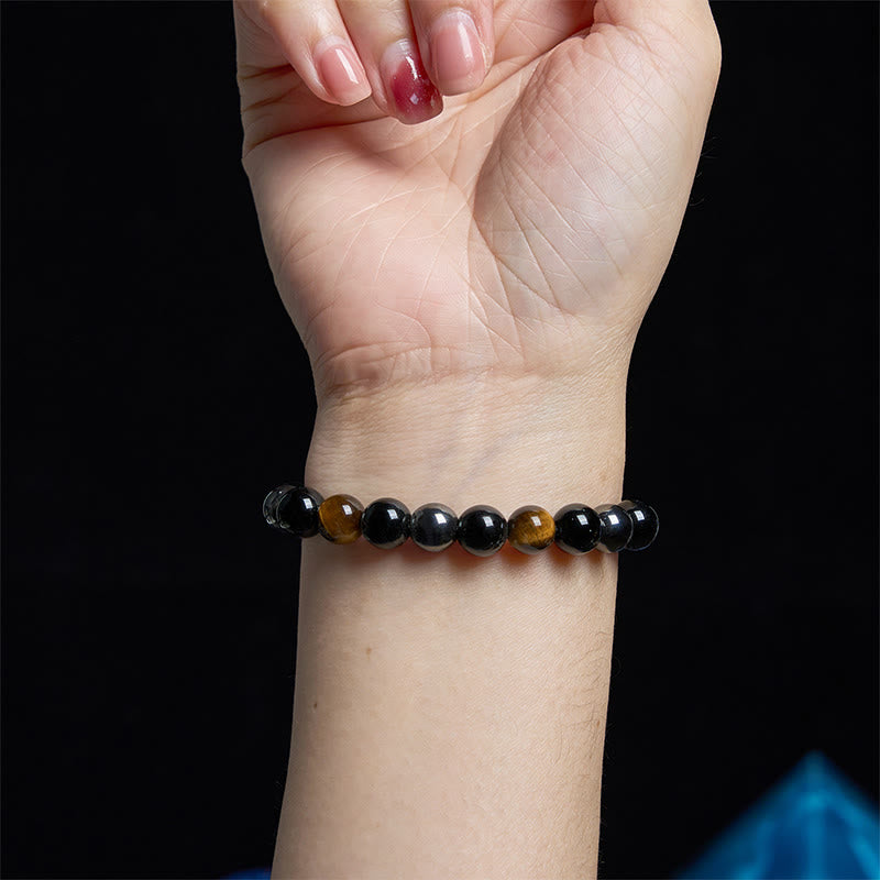 Buddha Stones天然タイガーアイオブシディアンヘマタイトポジティブパワフルブレスレット
