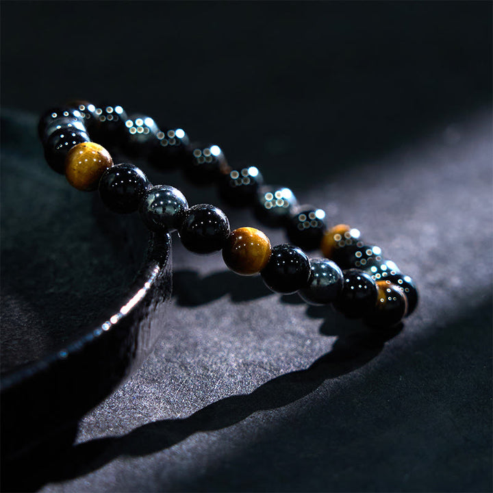 Buddha Stones天然タイガーアイオブシディアンヘマタイトポジティブパワフルブレスレット
