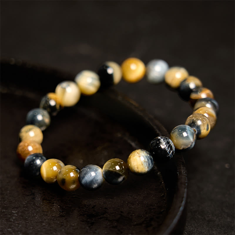 Buddha Stonesイエローブルータイガーアイ 勇気ブレスレット