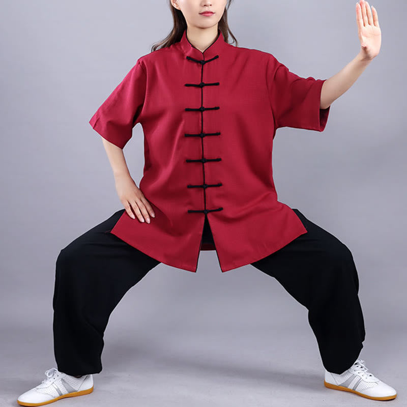 Buddha Stones 2点セット 秋冬 カエルボタン 太極拳 瞑想 気功 禅 練習 ユニセックス コットン リネン 服 セット - 半袖ワインレッド - 3XL-US/UK/AU/EUXL - image 11