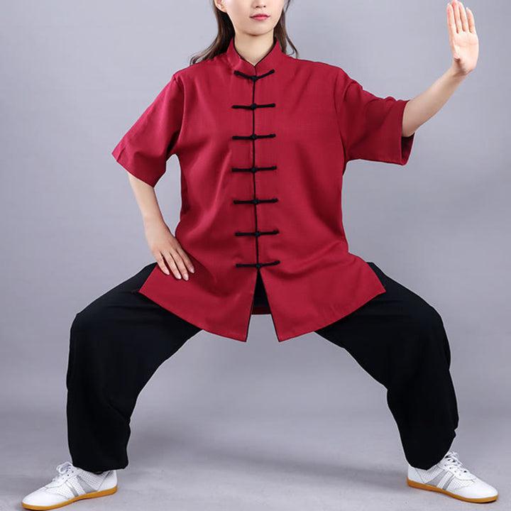 Buddha Stones 2点セット 秋冬 カエルボタン 太極拳 瞑想 気功 禅 練習 ユニセックス コットン リネン 服 セット - 半袖ワインレッド - 3XL-US/UK/AU/EUXL - image 11
