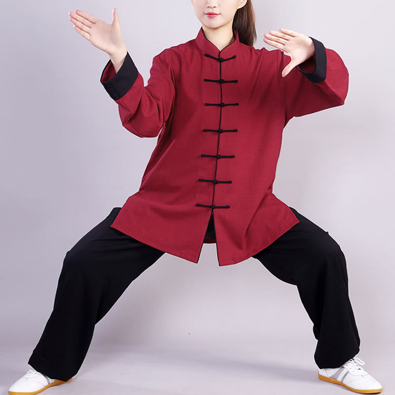 Buddha Stones 2点セット 秋冬 カエルボタン 太極拳 瞑想 気功 禅 練習 ユニセックス コットン リネン 服 セット - マルーンレッド（フリース裏地付き） - 3XL- 米国/UK/AU/ EUのXLに適合 - image 0