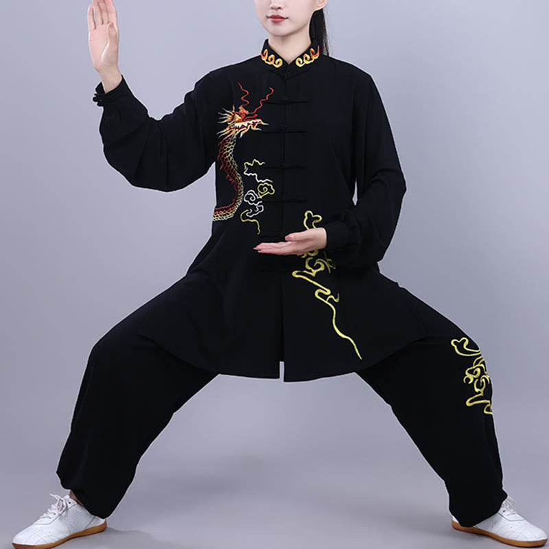 Buddha Stones2点セット 秋 刺繍 龍 カエルボタン 太極拳 瞑想 気功 禅 練習 ユニセックス コットン 服 セット