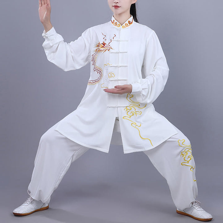 Buddha Stones2点セット 秋 刺繍 龍 カエルボタン 太極拳 瞑想 気功 禅 練習 ユニセックス コットン 服 セット