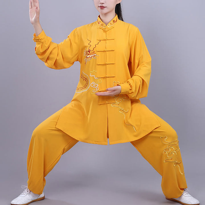 Buddha Stones2点セット 秋 刺繍 龍 カエルボタン 太極拳 瞑想 気功 禅 練習 ユニセックス コットン 服 セット