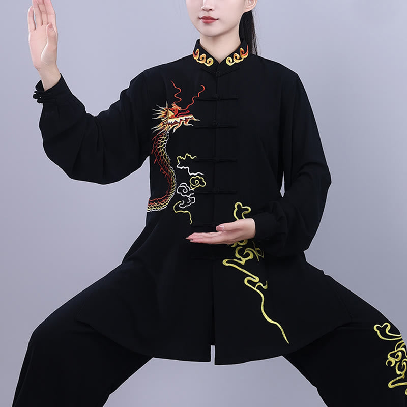 Buddha Stones2点セット 秋 刺繍 龍 カエルボタン 太極拳 瞑想 気功 禅 練習 ユニセックス コットン 服 セット
