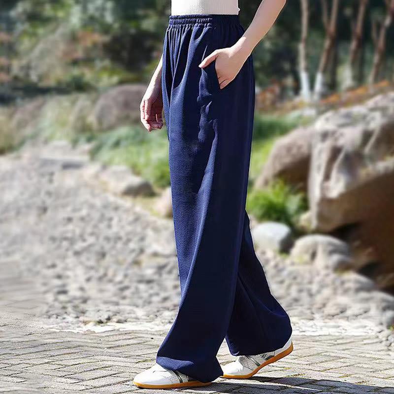 Buddha Stones秋冬 ユニセックス 伸縮性ウエスト 太極拳 気功練習 コットンリネン フリース裏地 ポケット付きパンツ - image 3