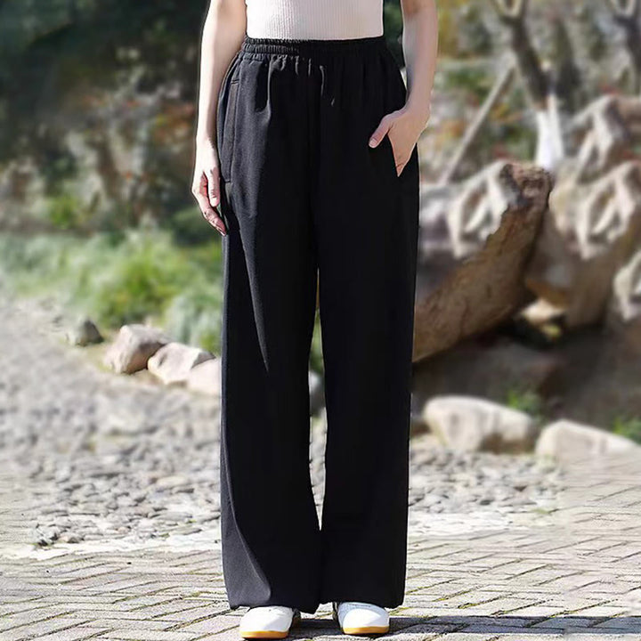 Buddha Stones秋冬 ユニセックス 伸縮性ウエスト 太極拳 気功練習 コットンリネン フリース裏地 ポケット付きパンツ - image 13