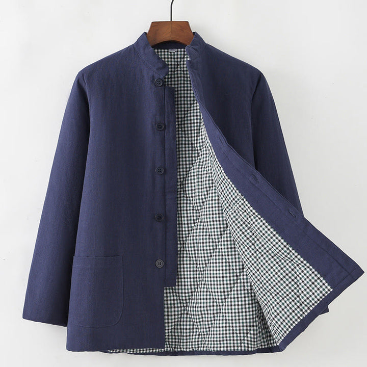 Buddha Stones冬用 メンズ フロッグボタン タンスーツ リネンコットン フリース裏地 ジャケット シャツ ポケット付き - スティールブルー - ボタンダウン - US/UK/AU44、 EU54 (4XL) - image 0