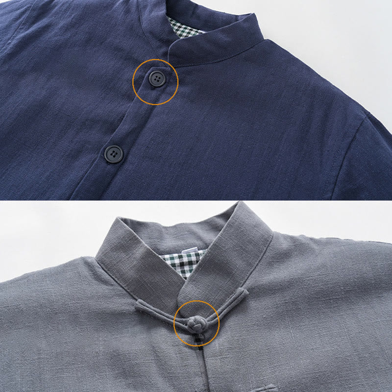 Buddha Stones冬用 メンズ フロッグボタン タンスーツ リネンコットン フリース裏地 ジャケット シャツ ポケット付き - image 1