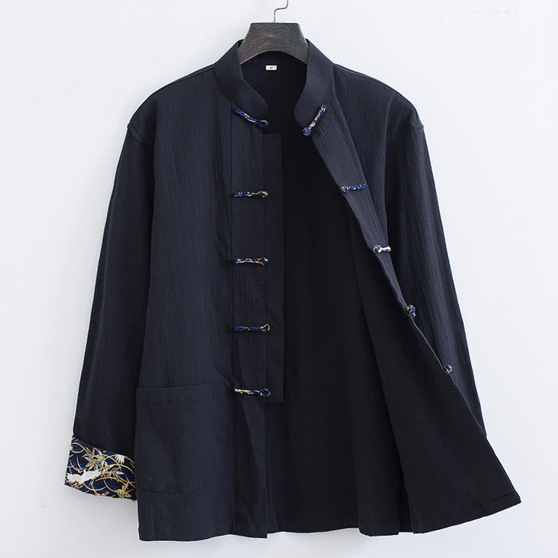 Buddha Stonesメンズ フロッグボタン タンスーツ コットン ホワイト クレーン刺繍 ジャケット シャツ ポケット付き - image 2