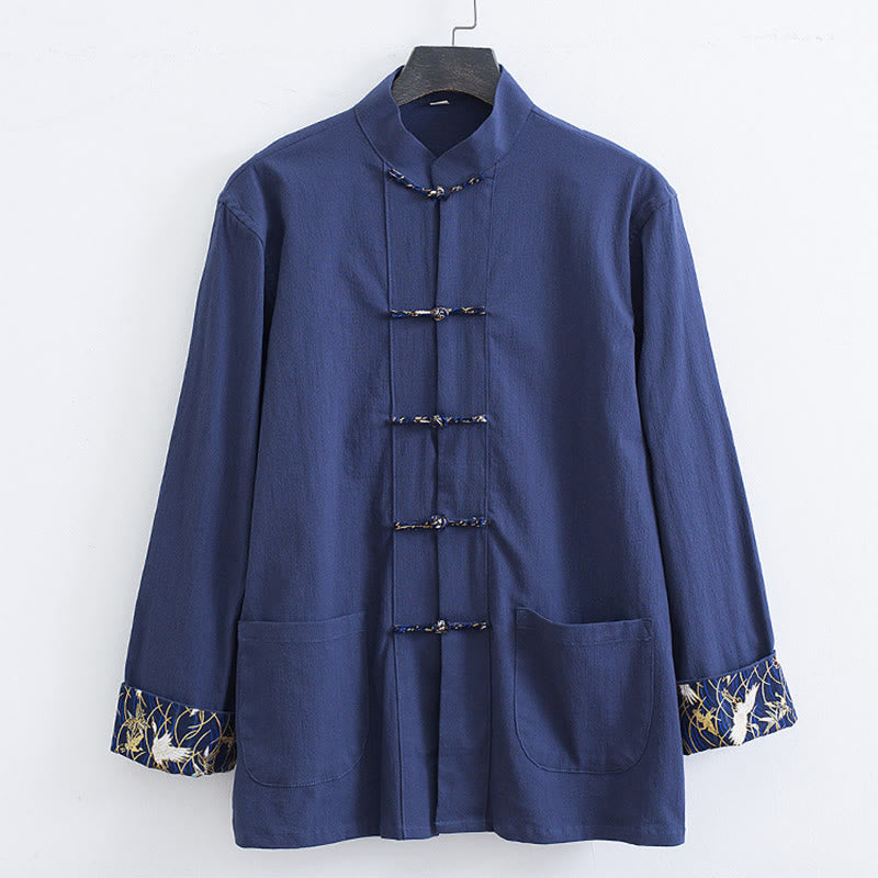 Buddha Stonesメンズ フロッグボタン タンスーツ コットン ホワイト クレーン刺繍 ジャケット シャツ ポケット付き