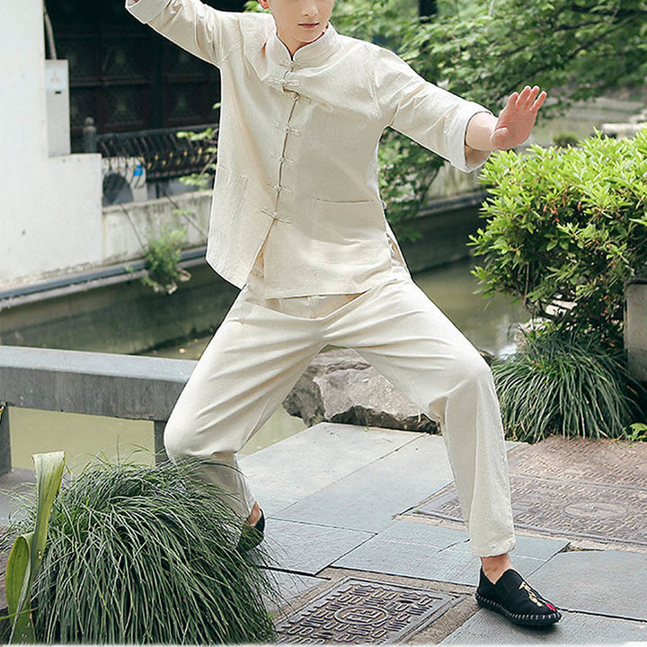 Buddha Stones 2点セット 秋 メンズ 唐装 カエルボタン コットン 七分袖 シャツ パンツ セット - image 5