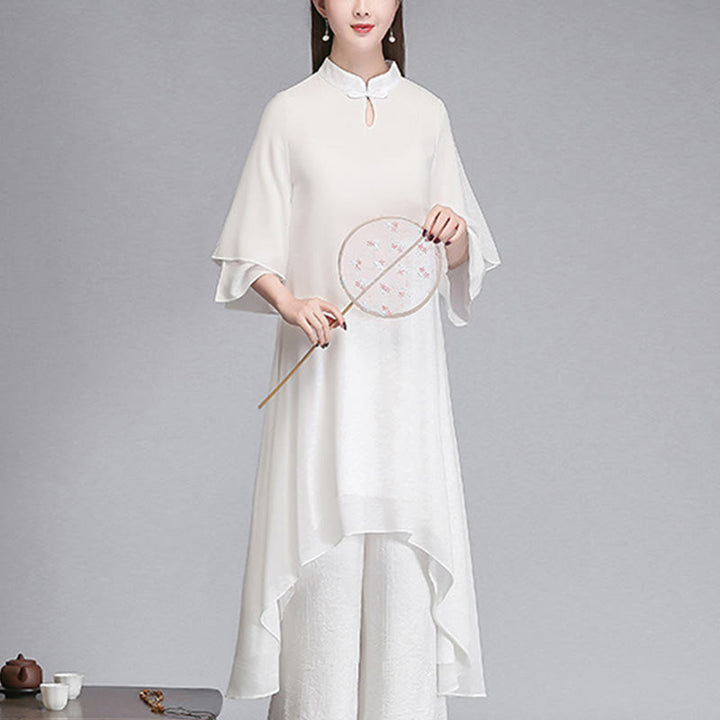 Buddha Stones無地 レディース 七分袖 シフォン イレギュラー シャツドレス ワイドレッグパンツ 瞑想服