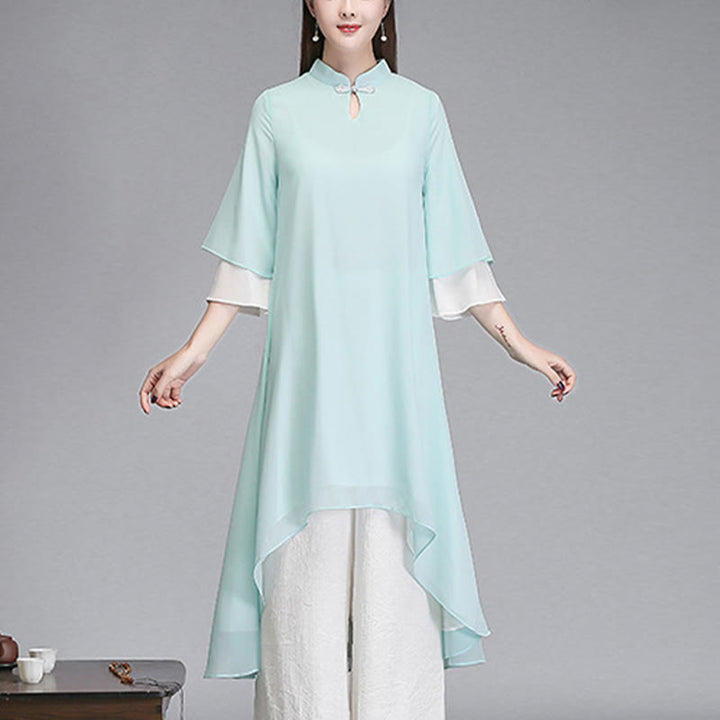 Buddha Stones無地 レディース 七分袖 シフォン イレギュラー シャツドレス ワイドレッグパンツ 瞑想服