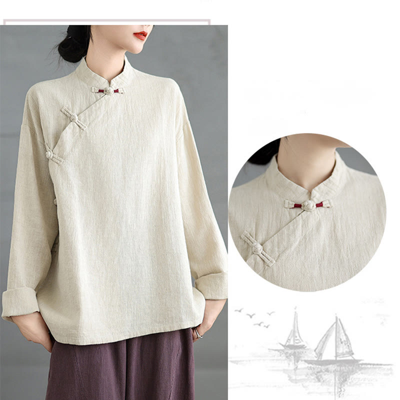 Buddha Stones無地 フロッグボタン 長袖 レディース シャツ - image 6