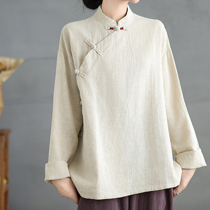 Buddha Stones無地 フロッグボタン 長袖 レディース シャツ - リネン - US8-10，UK/AU12-14，EU40-42 (2XL) - image 0