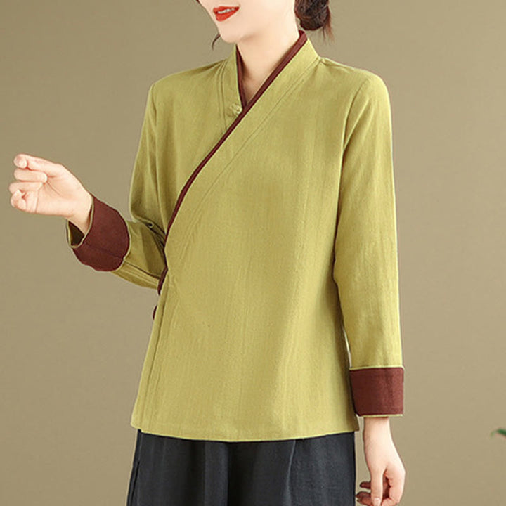 Buddha Stonesの秋の無地漢服長袖レースアップレディースシャツ - ダークカーキ - US8-10，UK/AU12-14，EU40-42 (2XL) - image 8