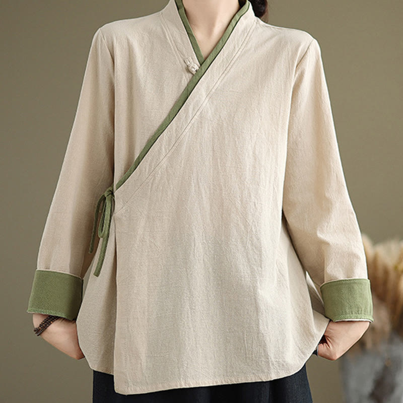 Buddha Stonesの秋の無地漢服長袖レースアップレディースシャツ - image 1