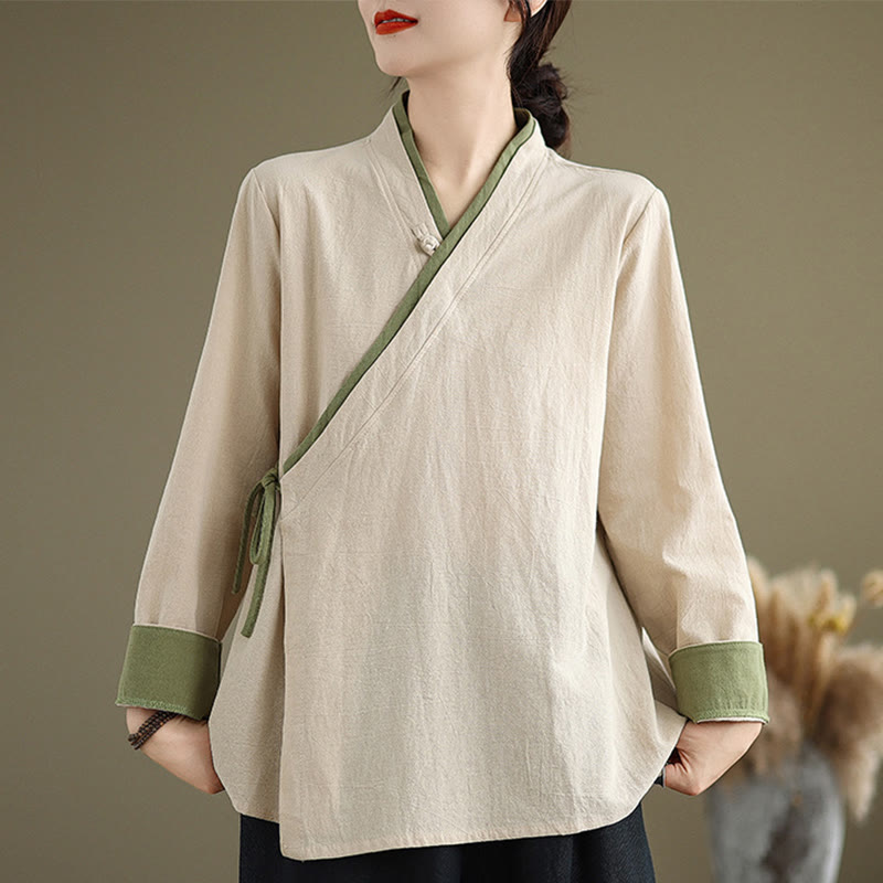 Buddha Stonesの秋の無地漢服長袖レースアップレディースシャツ - リネン - US8-10，UK/AU12-14，EU40-42 (2XL) - image 0