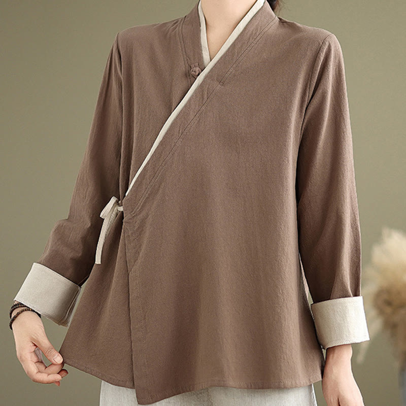 Buddha Stonesの秋の無地漢服長袖レースアップレディースシャツ - image 19