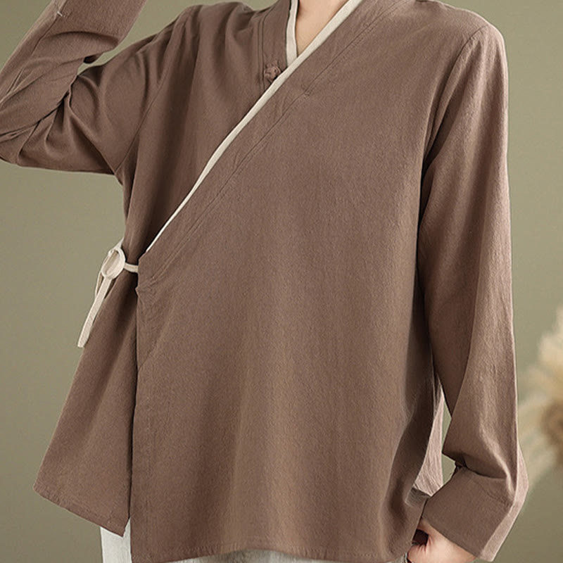 Buddha Stonesの秋の無地漢服長袖レースアップレディースシャツ - image 20