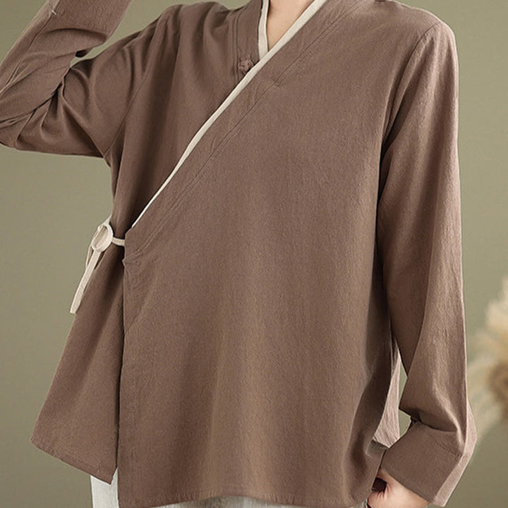 Buddha Stonesの秋の無地漢服長袖レースアップレディースシャツ - image 20