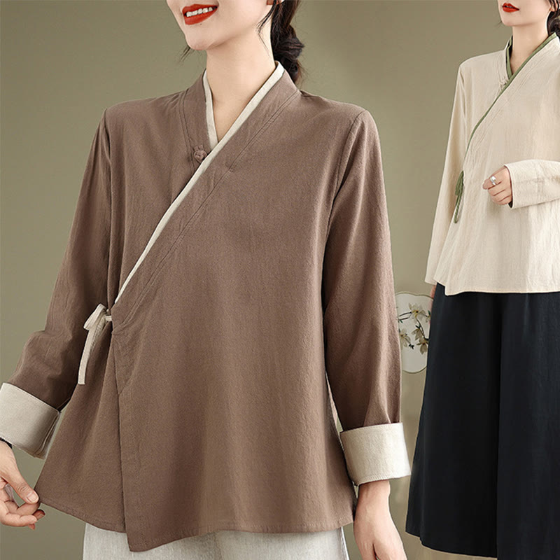 Buddha Stonesの秋の無地漢服長袖レースアップレディースシャツ - image 24