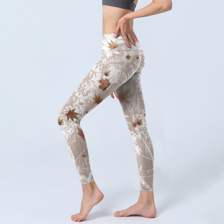 Buddha Stones、メープルリーフ、枝柄プリントのジムレギンス、レディースヨガパンツ - image 3
