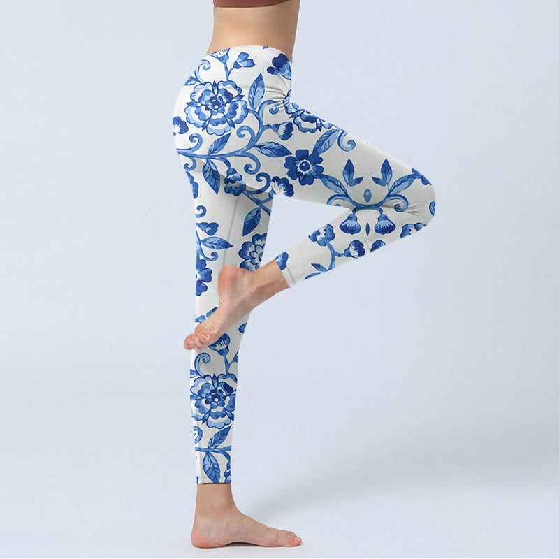 Buddha Stones、青い花、葉、枝のプリントジムレギンス、レディースヨガパンツ - image 4