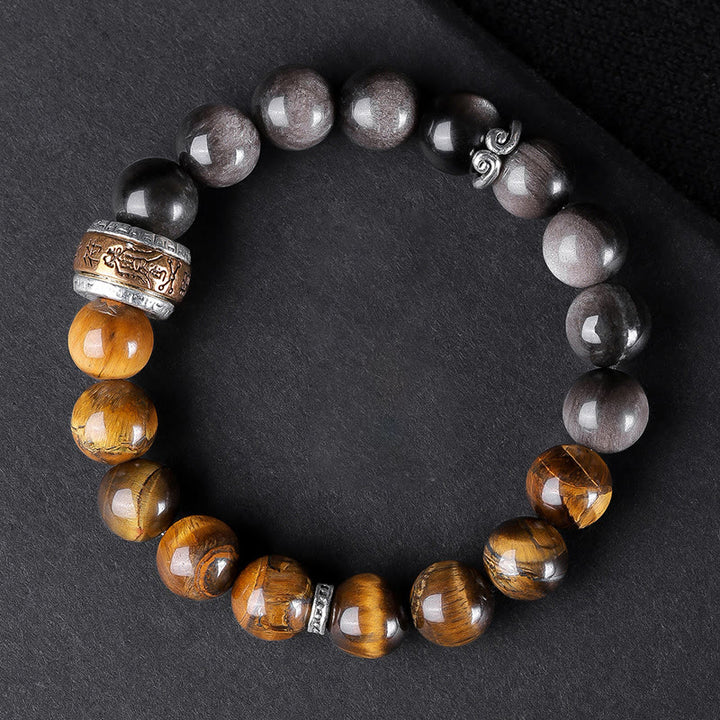 Buddha Stones天然シルバー光沢オブシディアン タイガーアイ 6つの真実の言葉「オーム・マニ・パドメ・フム」強さブレスレット