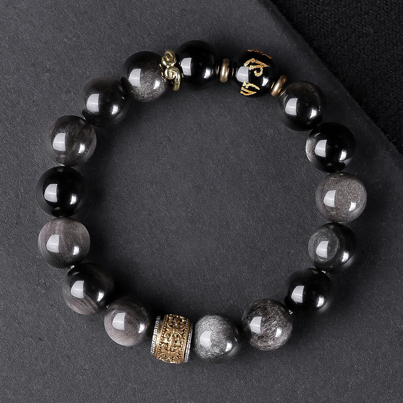 Buddha Stones天然シルバー光沢オブシディアン タイガーアイ 6つの真実の言葉「オーム・マニ・パドメ・フム」強さブレスレット