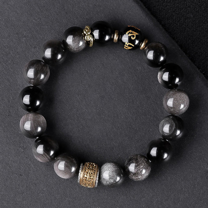 Buddha Stones天然シルバー光沢オブシディアン タイガーアイ 6つの真実の言葉「オーム・マニ・パドメ・フム」強さブレスレット
