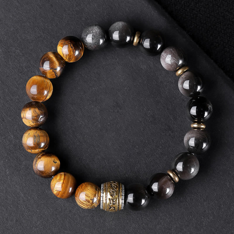 Buddha Stones天然シルバー光沢オブシディアン タイガーアイ 6つの真実の言葉「オーム・マニ・パドメ・フム」強さブレスレット
