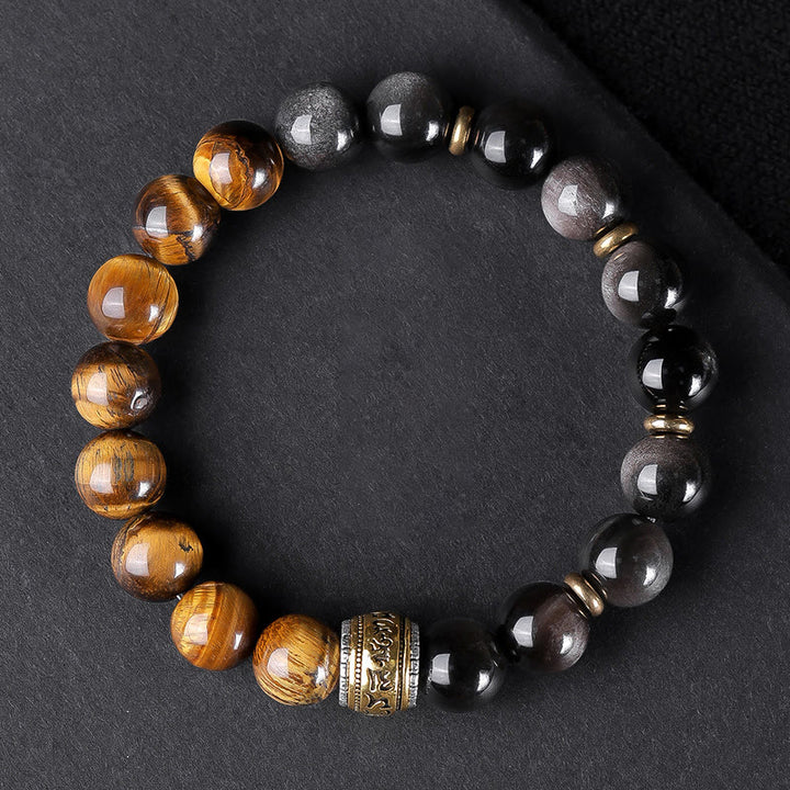Buddha Stones天然シルバー光沢オブシディアン タイガーアイ 6つの真実の言葉「オーム・マニ・パドメ・フム」強さブレスレット
