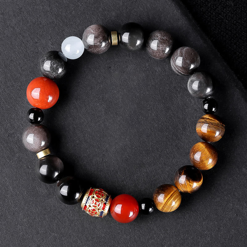 Buddha Stones天然シルバー光沢オブシディアン タイガーアイ 6つの真実の言葉「オーム・マニ・パドメ・フム」強さブレスレット