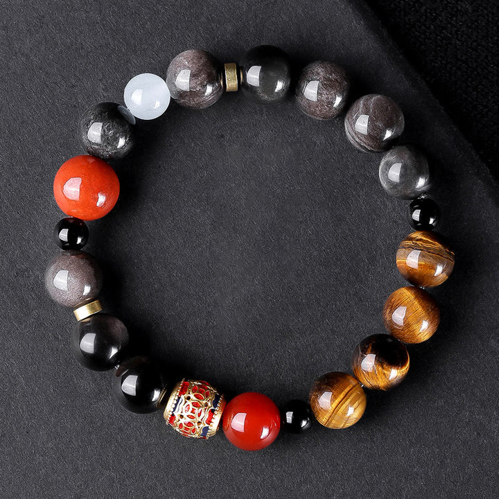Buddha Stones天然シルバー光沢オブシディアン タイガーアイ 6つの真実の言葉「オーム・マニ・パドメ・フム」強さブレスレット