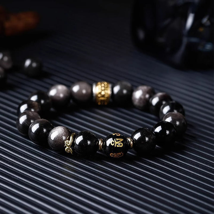 Buddha Stones天然シルバー光沢オブシディアン タイガーアイ 6つの真実の言葉「オーム・マニ・パドメ・フム」強さブレスレット