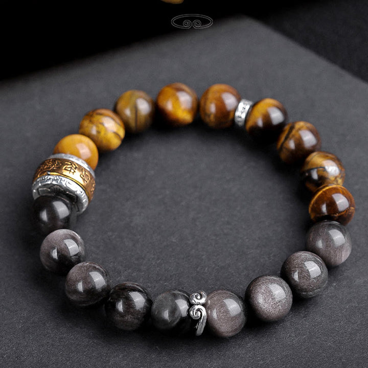 Buddha Stones天然シルバー光沢オブシディアン タイガーアイ 6つの真実の言葉「オーム・マニ・パドメ・フム」強さブレスレット