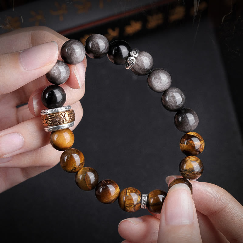 Buddha Stones天然シルバー光沢オブシディアン タイガーアイ 6つの真実の言葉「オーム・マニ・パドメ・フム」強さブレスレット