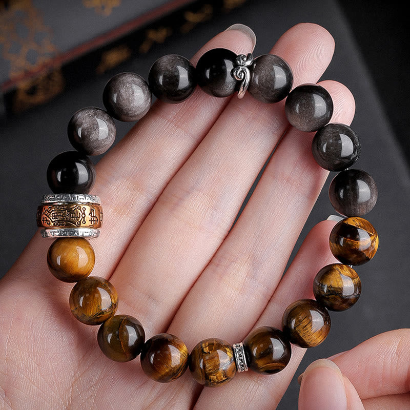 Buddha Stones天然シルバー光沢オブシディアン タイガーアイ 6つの真実の言葉「オーム・マニ・パドメ・フム」強さブレスレット