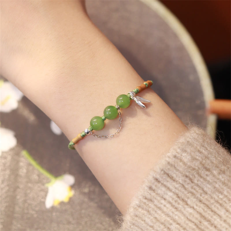 Buddha Stones925 スターリングシルバー 竹の葉 和田翡翠 カルセドニービーズ 祝福編みブレスレット